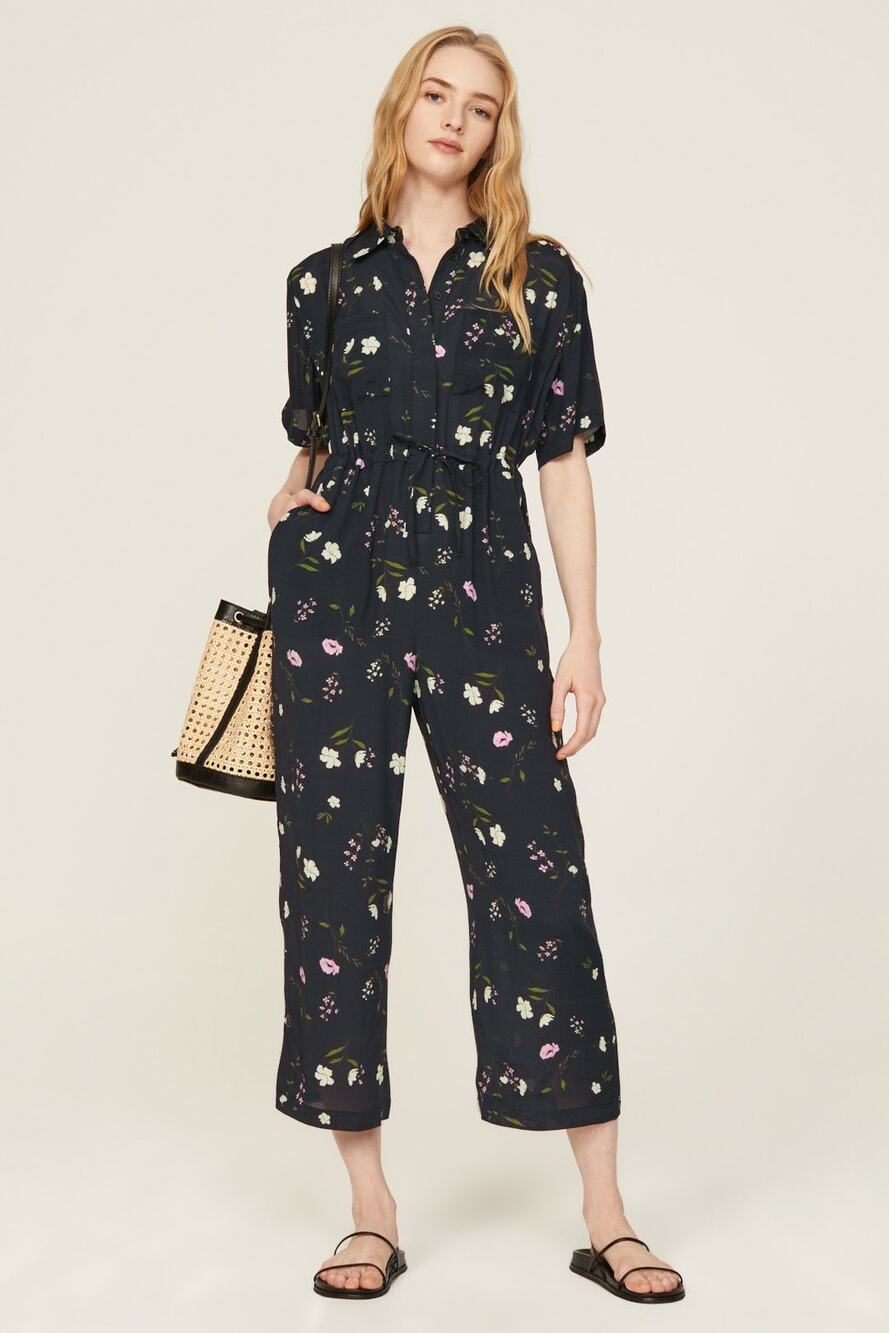THAKOON COLLECTIVE Black Floral Print Tie Waist Collar Button Front Jumpsuit 10